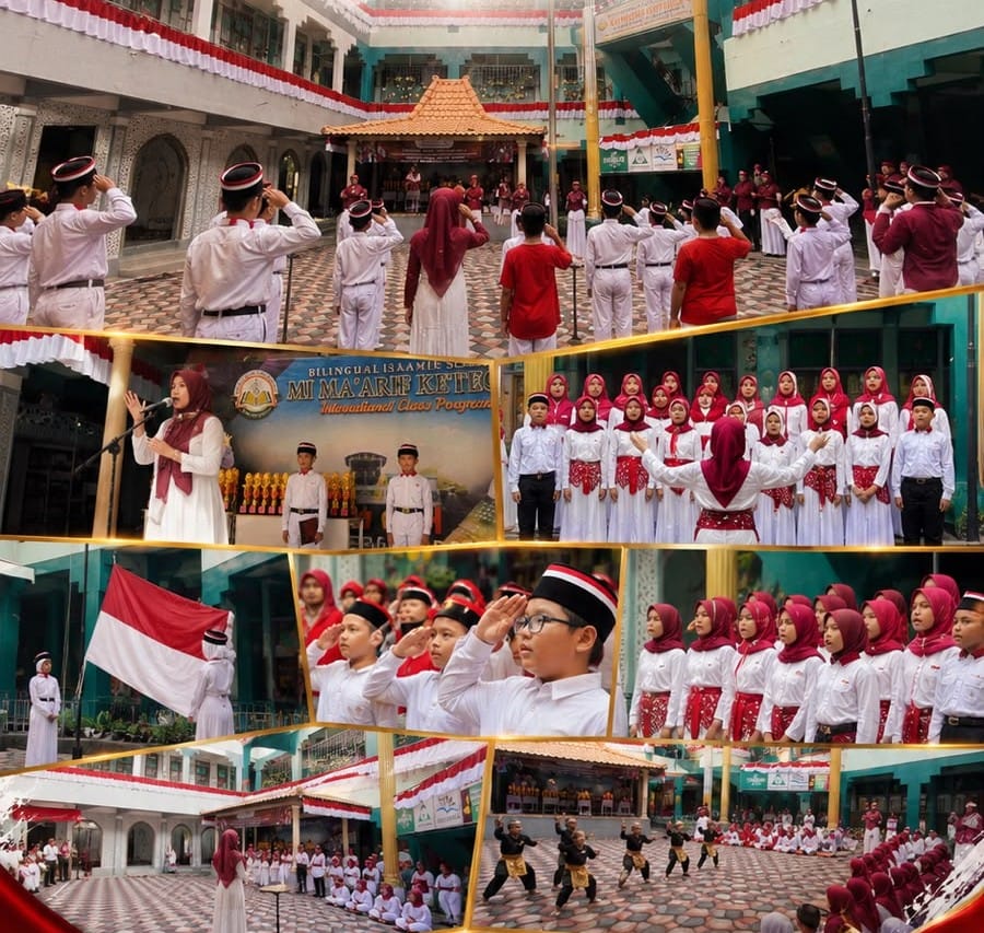 Kolase foto dokumentasi upacara bendera di halaman MI Bilingual Ma'arif Ketegan, menampilkan prosesi hormat bendera, pengibaran Merah Putih, kelompok paduan suara, dan penampilan seni bela diri silat oleh para siswa.